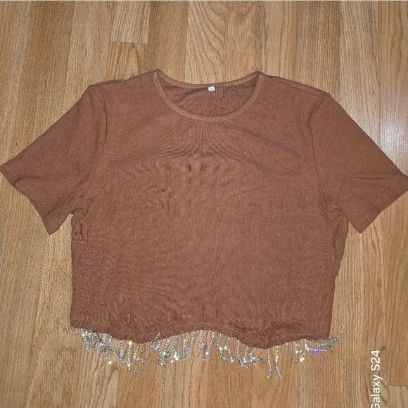 Brown Beaded Women's Top XL Nwot - Picture 2 of 10